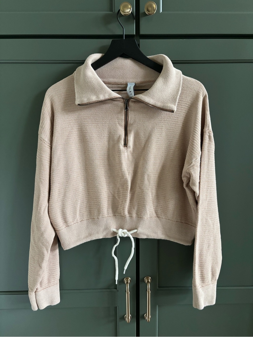VARLEY Women’s Waffle Knit Half Zip Sweater, Cropped Length, Neutral, Tan, M